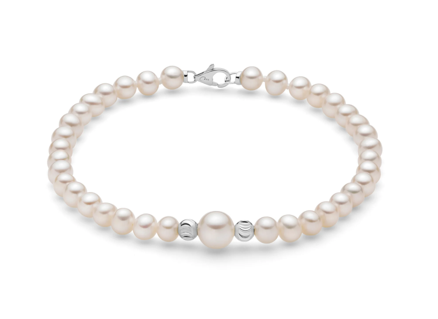 Bracciale di perle Oriente con due sfere in oro bianco intagliate